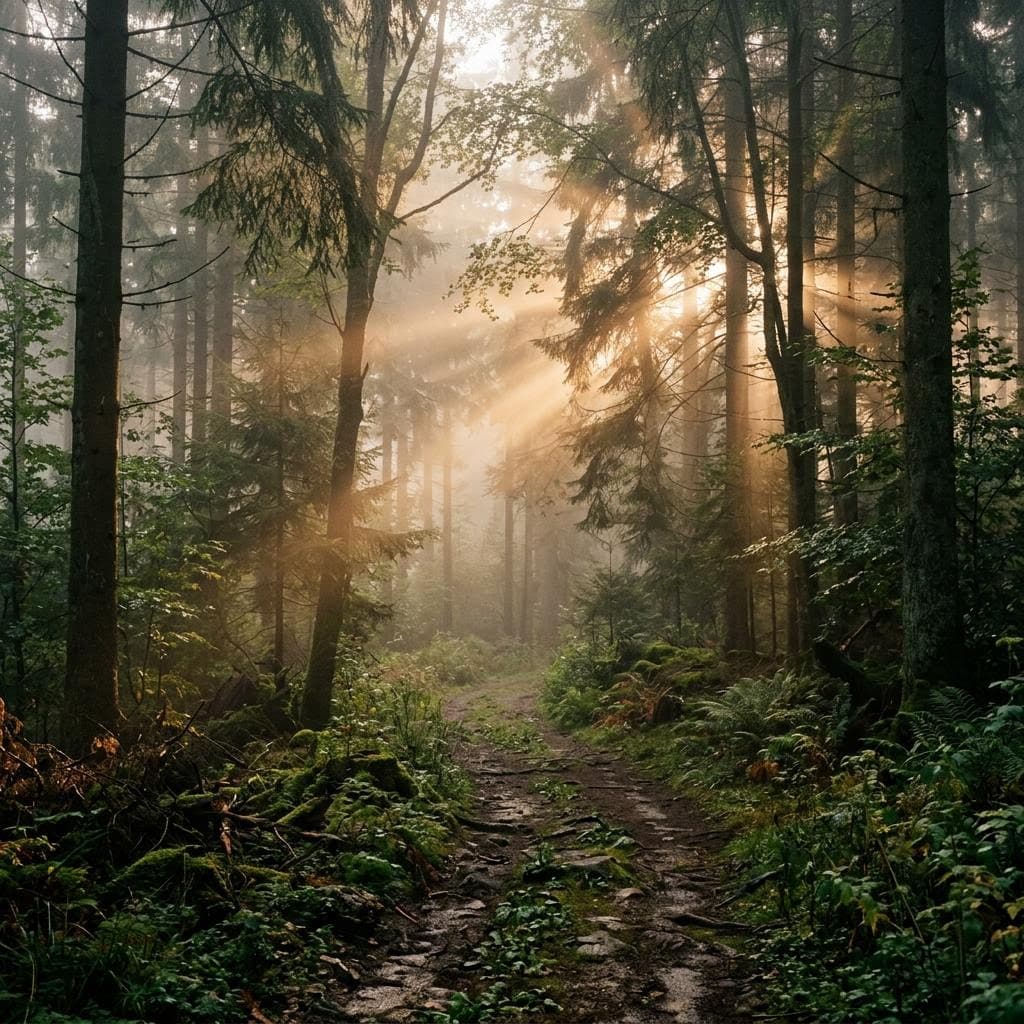 Misty forest at dawn